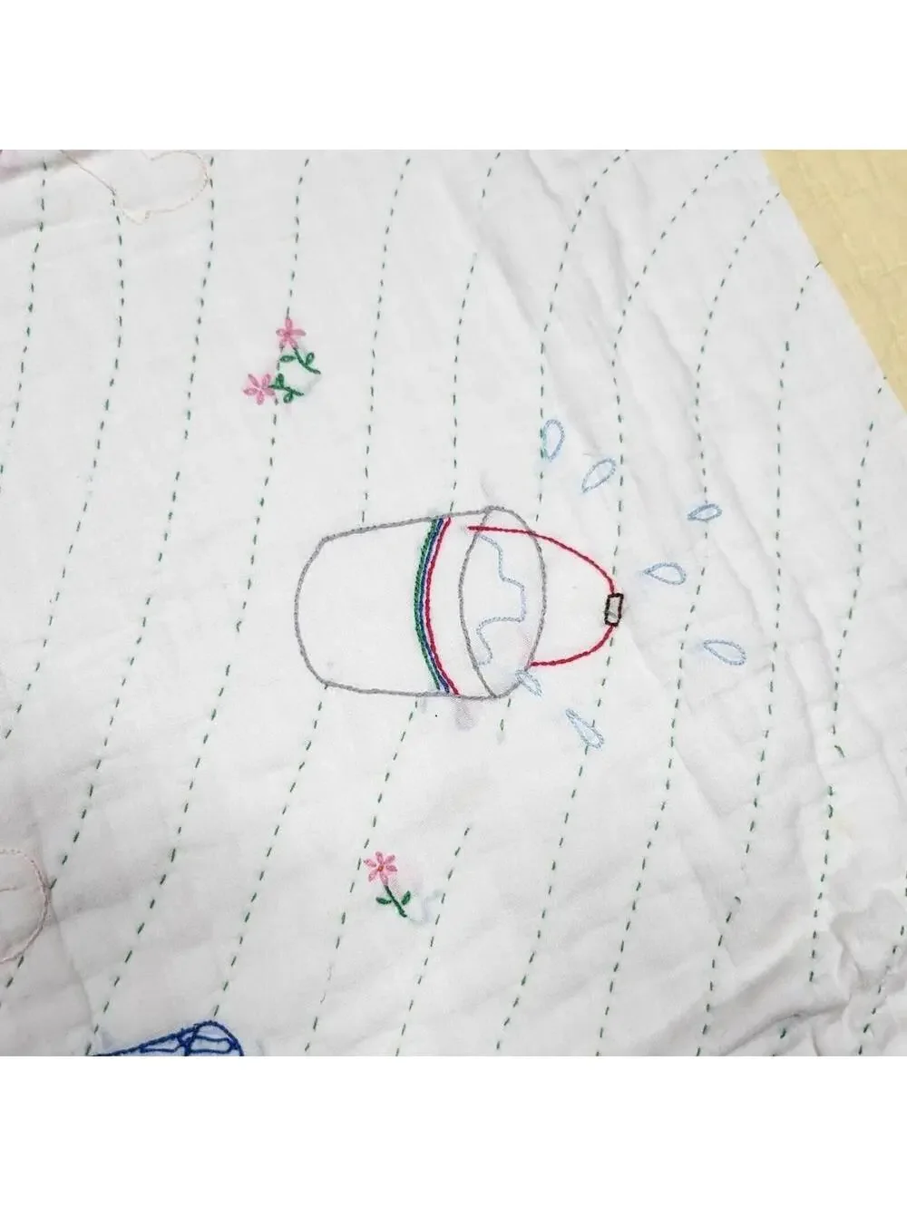 Vintage Handmade Embroidered Baby Quilt Jack and Jill Pail of Water 35 x 45 Inch